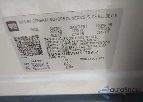 2021 Chevrolet Equinox Awd Lt from USA, damaged, VIN 3GNAXUEV9MS179852